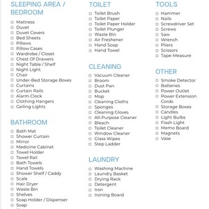 May include: A checklist for first apartment essentials, organized by room and category.  The checklist includes items for the sleeping area, bathroom, kitchen, laundry, cleaning, and tools.