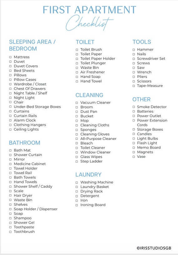 New Home Checklist,new Home Essentials,first Apartment List, Room