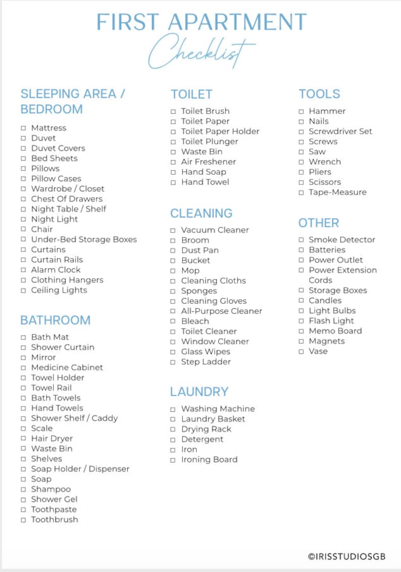 May include: A checklist for first apartment essentials, organized by room and category.  The checklist includes items for the sleeping area, bathroom, kitchen, laundry, cleaning, and tools.