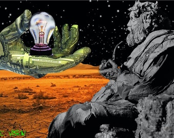 Sci-Fi Art Print, Futuristic Robot Hand, Wizard on Mars