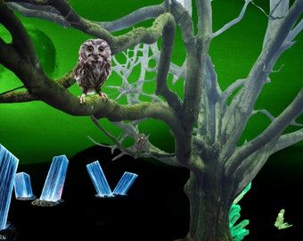 Green Moon Owl Art Print, Sci-Fi Wilderness Decor