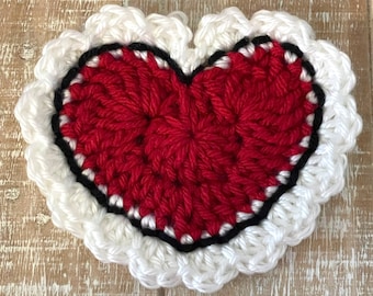 Valentine's Day Gift, Handmade Crochet Heart Coasters: Red & White, Set of 4