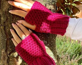 Fingerless Gloves, Dark Pink Gloves, Crochet Gloves, Texting Gloves, Unisex Gift, Pink Gloves, Handmade, Winter Clothing, Warm Gloves