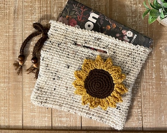 Crochet Book Sleeve with Handle: Sunflower Tweed Book Cover