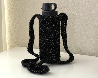 Crochet Water Bottle Holder: Black & Gold Sparkle Bottle Sling