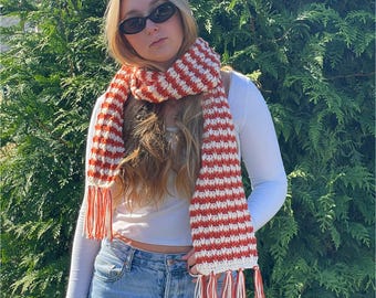 Handmade Crochet Scarf: Orange Cream Stripes, Boho Fringe