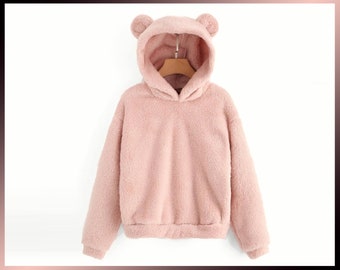 Teddy Bear Hoodie with Ears Womens Teen Long Sleeve Fleece Sweatshirt Warm Furry Fuzzy Hoodies Sweater Pullover