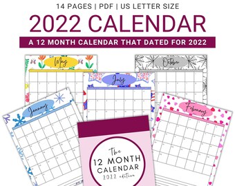 2022 Calendar Printable, Monthly Calendar Printable, Holiday Calendar 2022, Dated Calendar for Wall