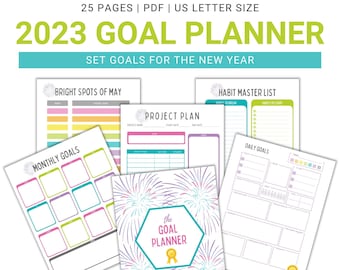 May include: A printable 2023 goal planner with a colorful fireworks design. The planner includes sections for monthly goals, daily goals, habit tracking, project planning, and bright spots of the month. The planner is available as a PDF download.