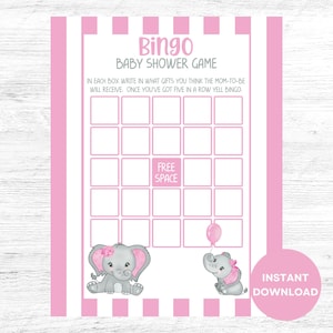 Elephant Baby Shower Bingo, Printable Baby Shower Bingo, Pink Elephant Baby Shower Games, Girl Baby Shower Games, Bingo Baby Shower Game