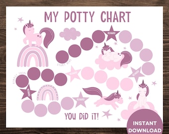 May include: A pink and purple unicorn themed potty training chart with a game board featuring a path of circles and stars. The chart says "My Potty Chart" and "You Did It!"