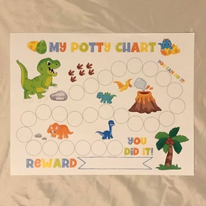May include: A colorful dinosaur-themed potty training chart with a game board featuring circles to mark progress. The chart includes the text "My Potty Chart", "Start Here", "You Can Do It!" and "You Did It!" along with a reward section.