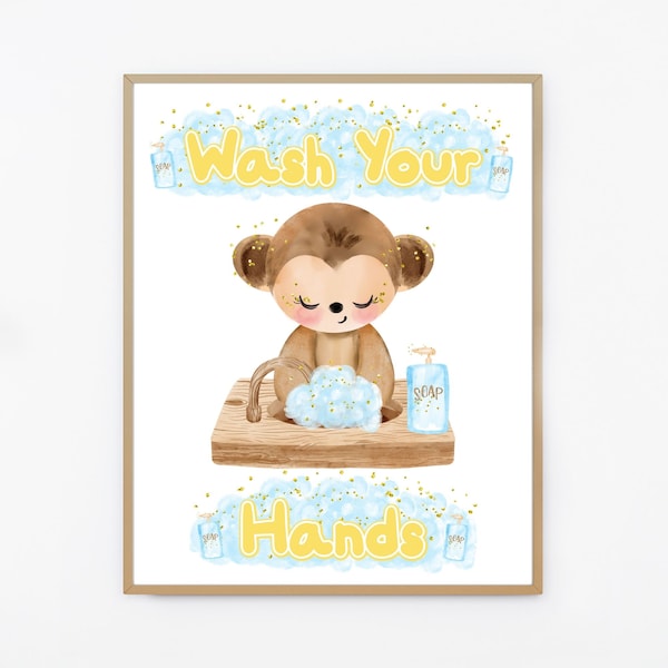 Wash Your Hands Sign for Kids, Bathroom Wall Art Printable, Daycare Wall Signs, Classroom Signs, Handwashing Sign