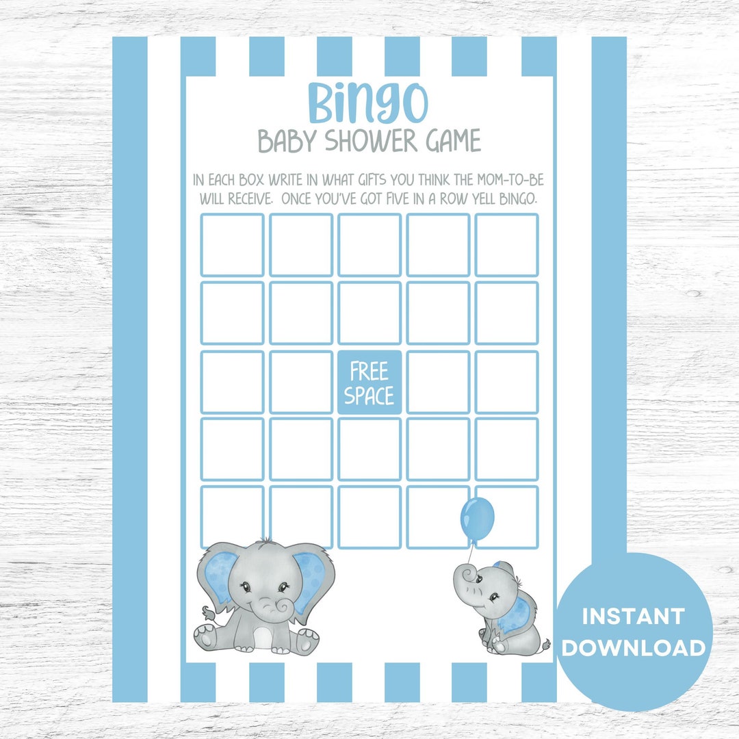 Printable Baby Shower Bingo, Boy Baby Shower Games, Elephant Baby ...