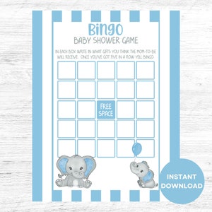 Printable Baby Shower Bingo, Boy Baby Shower Games, Elephant Baby Shower Games, Baby Bingo Cards, Blue Elephant Baby Shower