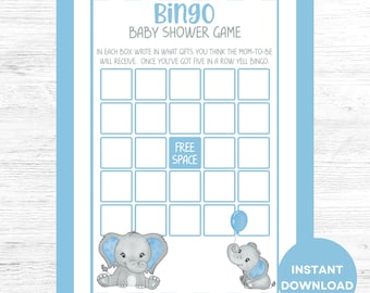 Afdrukbare babyshower bingo, jongensbabyshowerspellen, olifantenbabyshowerspellen, babybingokaarten, blauwe olifantenbabyshower