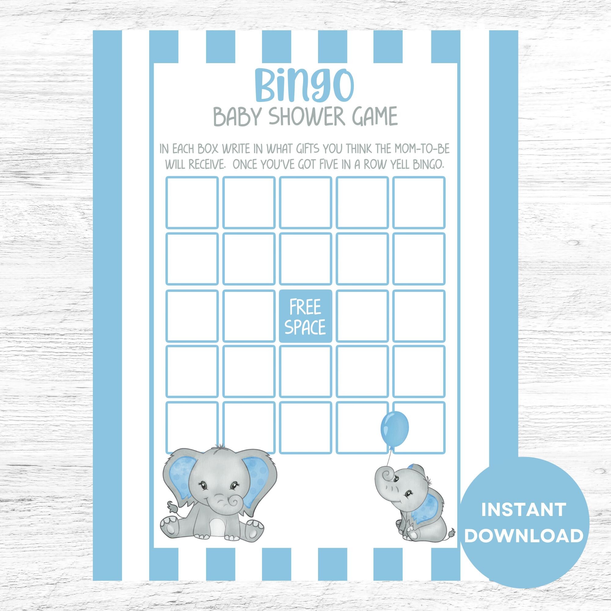 Printable Baby Shower Bingo, Boy Baby Shower Games, Elephant Baby ...