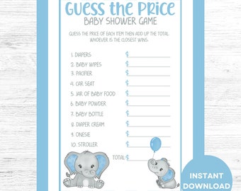 Imprimible El precio es el juego de baby shower correcto, Adivina el precio Juego de baby shower, Juegos de baby shower de elefante azul, Juegos de baby shower para niños