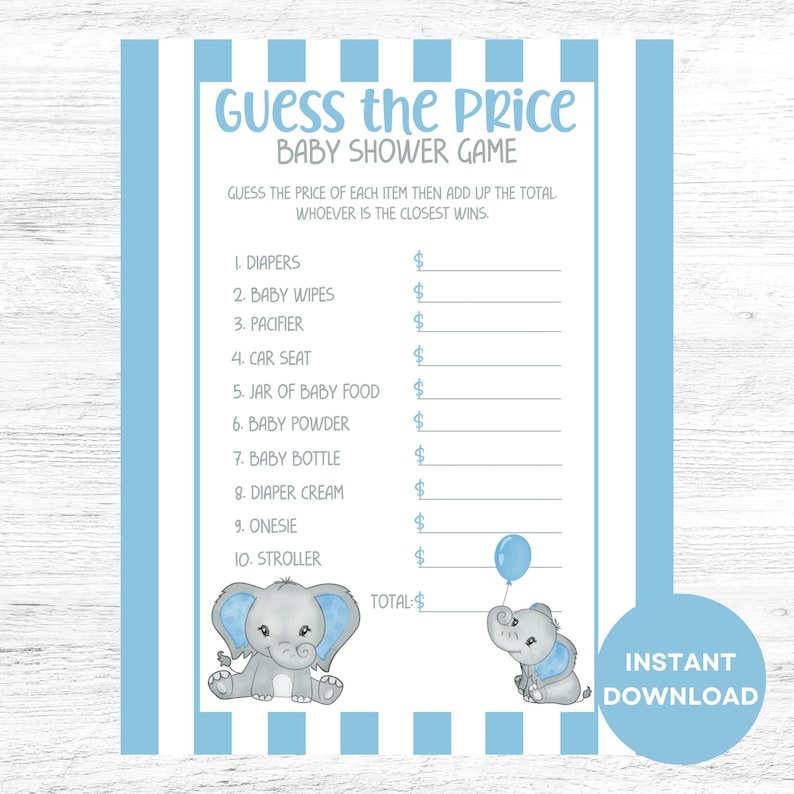 Printable the Price is Right Baby Shower Game, Guess the Price Baby Shower Game, Blue Elephant