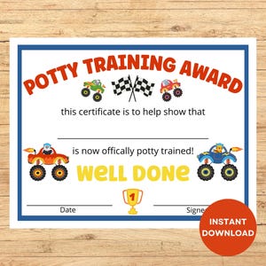 Puede incluir: Un certificado de entrenamiento para ir al baño imprimible con un tema de camión monstruo. El certificado tiene un borde azul y dice "Potty Training Award" en letras rojas y amarillas. También tiene una bandera a cuadros y dos camiones monstruo. El texto dice "Este certificado es para ayudar a mostrar que [name] ahora está oficialmente entrenado para ir al baño! ¡Bien hecho!"