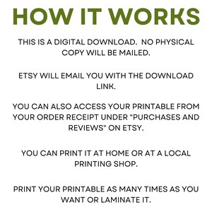 Pode incluir: Texto que explica como funcionam os downloads digitais no Etsy. Diz que o comprador receber&aacute; um e-mail com um link de download. O comprador tamb&eacute;m pode acessar a impress&atilde;o a partir do seu recibo de pedido em "Compras e avalia&ccedil;&otilde;es" no Etsy. O comprador pode imprimir a impress&atilde;o em casa ou em uma gr&aacute;fica local. O comprador pode imprimir a impress&atilde;o quantas vezes quiser ou plastific&aacute;-la.