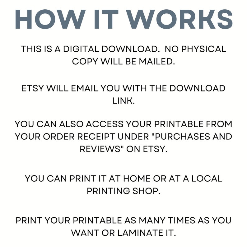 Może przedstawiać: Białe tło z tekstem "HOW IT WORKS" w ciemnoniebieskim kolorze. Tekst wyjaśnia proces pobierania cyfrowego: brak kopii fizycznej, e-mail z Etsy z linkiem do pobrania, dostęp przez paragon zam&oacute;wienia, druk i laminowanie.
