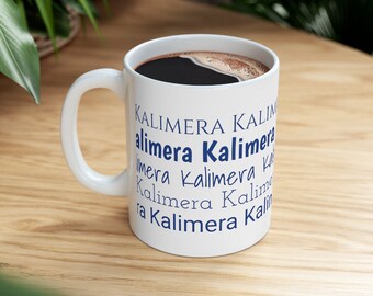 Kalimera Greece Blue Print Mug // 11oz Ceramic Coffee Mug