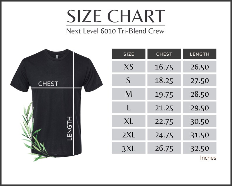 Op de afbeelding: Maattabel voor Next Level 6010 Tri-Blend Crew T-shirts. De tabel toont maten XS tot en met 3XL met de bijbehorende borst- en lengtemaat in inches.