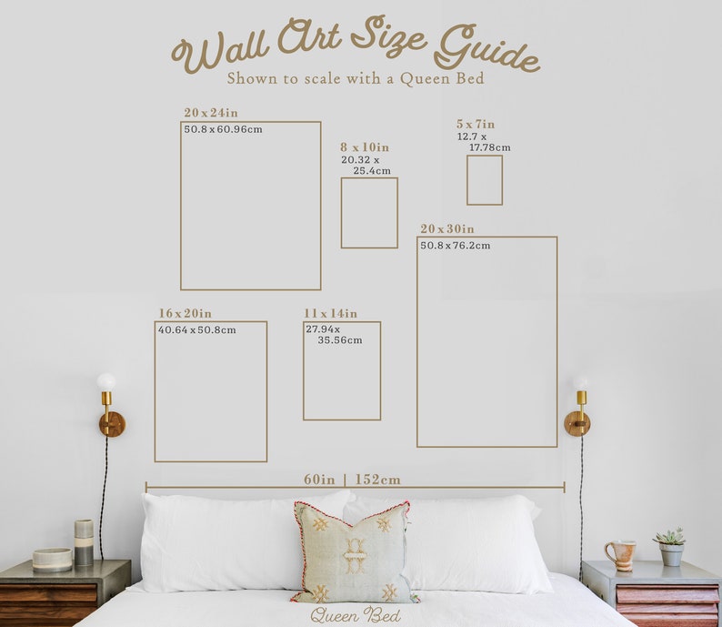 May include: A guide to wall art sizes, shown to scale with a queen-sized bed. The guide includes various sizes of artwork, ranging from 5x7 inches to 20x30 inches, with corresponding measurements in centimetres. The image also includes a queen-sized bed with a headboard and pillows.