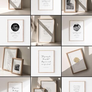 May include: Nine framed prints with white backgrounds and black text. The prints feature various quotes about love, family, and life. Some prints include a small black and white image of a baby.