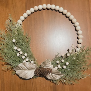 Wooden Bead Evergreen and Magnolia Leaf Holiday Wreath