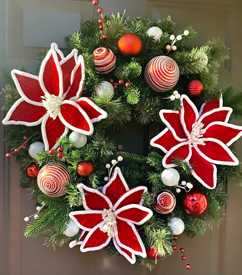 Red and White Poinsettia Wreath Holiday Wreath Christmas Wreath - Etsy