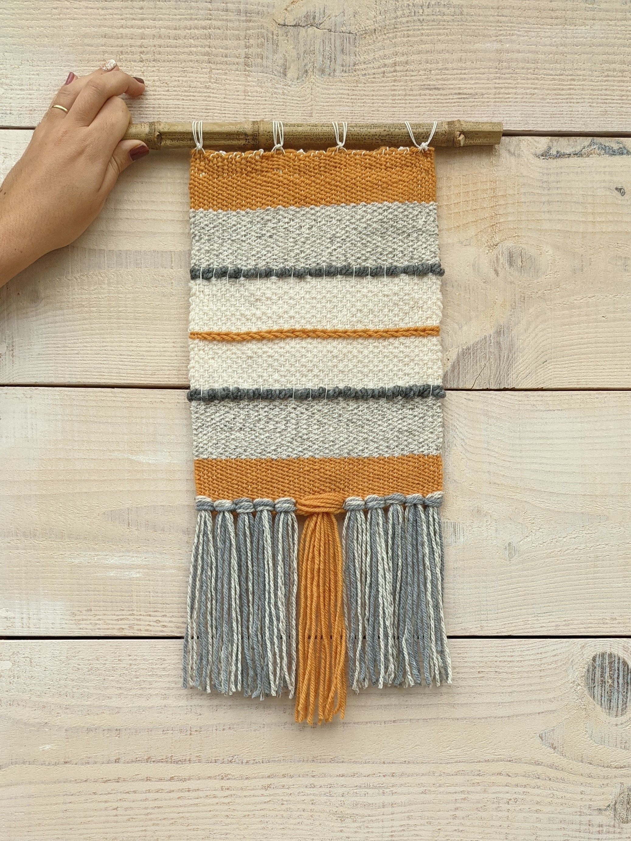 Tissage Mural, Suspension Bambou Zen Jaune Moutarde, Gris Chiné