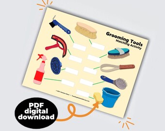 May include: A printable worksheet for a horse grooming tools matching activity. The worksheet features illustrations of various grooming tools, including a curry comb, a dandy brush, a hoof pick, a sponge, a spray bottle, and a bucket. The text "Grooming Tools Matching Activity" is at the top of the worksheet.