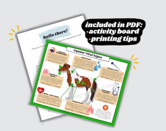 May include: A green and white printable activity board for learning about equine vital signs. The board features a cartoon horse with illustrations of different vital signs, including temperature, pulse, respiration, hydration, mucous membranes, and capillary refill time. The text "Equine Vital Signs" is at the top of the board.