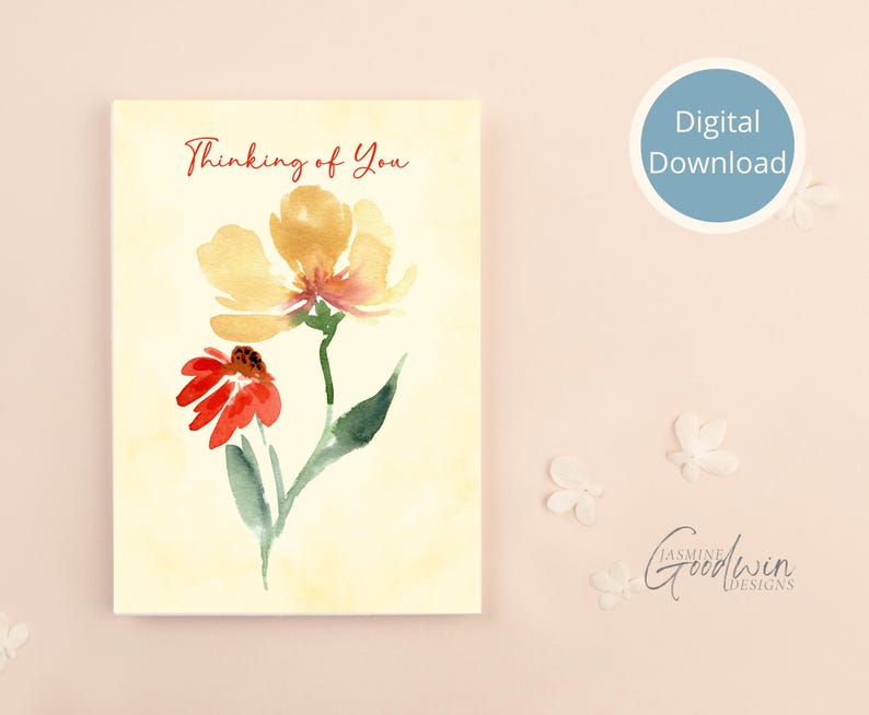 Watercolor Thinking of You Floral Card, Hand Painted (digital Download ...