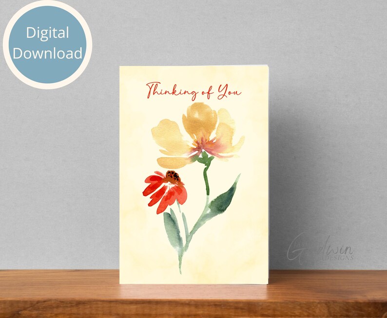 Watercolor Thinking of You Floral Card, Hand Painted (digital Download ...