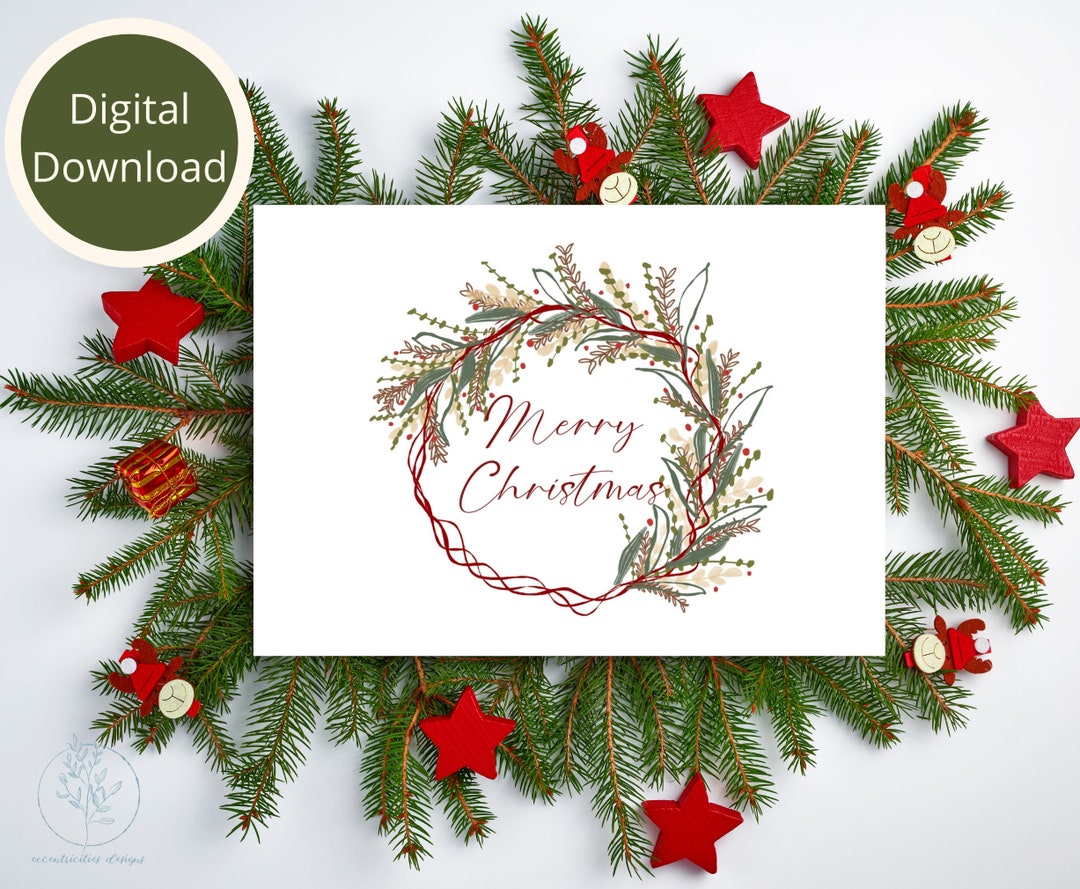 Merry Christmas Wreath Card, Hand Drawn Design (digital Download) - Etsy