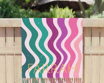 Customizable Boho Beach Towel | Groovy Wavy Rainbow Stripes, Pastel Fringe