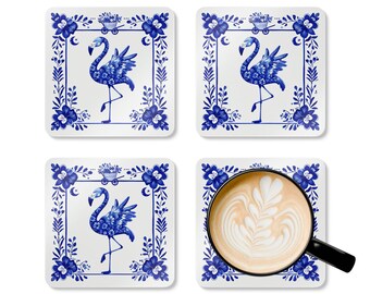 Farmhouse Flamingo Coaster Set: Retro Blue & White Tropical Bird Design