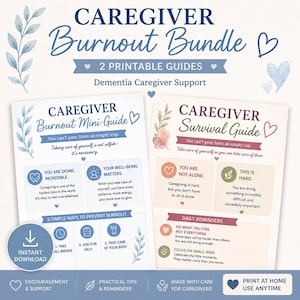 Può includere: Un Caregiver Burnout Bundle che include due guide stampabili intitolate Caregiver Burnout Mini-Guide e Caregiver Survival Guide. I documenti presentano testo, icone a forma di cuore e illustrazioni di foglie in toni blu, rosa e verdi.