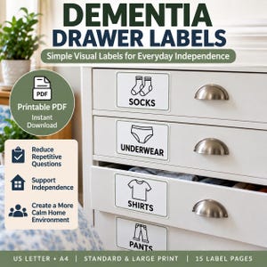 May include: Dementia drawer labels featuring white rectangular stickers with black line art icons and text for socks, underwear, shirts, and pants. The labels are applied to a white dresser with silver cup pulls. Includes printable PDF download.