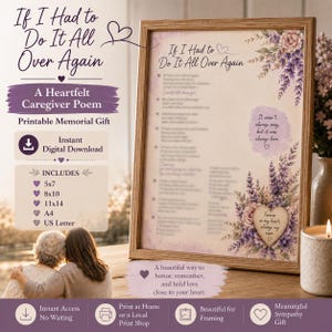 May include: A framed memorial poem titled If I Had to Do It All Over Again, featuring lavender floral illustrations, a heart-shaped graphic with the text Forever in my heart, always my mom, and a purple text box stating It wasn't always easy, but it was always love.
