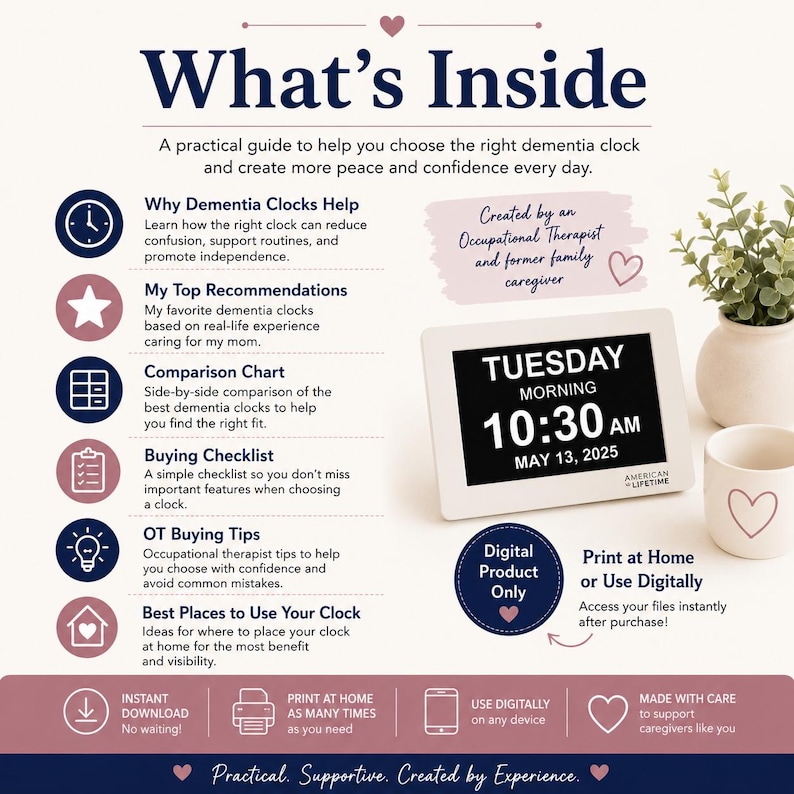 May include: An informational guide titled What's Inside featuring a digital dementia clock display showing Tuesday Morning 10:30 AM May 13, 2025. The guide includes sections on clock benefits, recommendations, charts, checklists, and tips for caregivers.