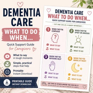 May include: A dementia care quick support guide for caregivers featuring the text DEMENTIA CARE WHAT TO DO WHEN. The document is divided into four numbered sections with icons and prompts for what to say and do when someone is confused, upset, anxious, refusing help, or awake at night.