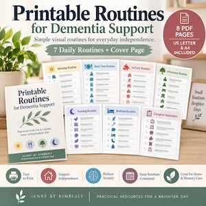 May include: A set of printable routines for dementia support, including 8 PDF pages in US Letter and A4 sizes. The collection features a cover page and 7 daily routine sheets with icons and checklists for morning, mealtime, activity, afternoon, evening, bedtime, and caregiver reminders, all designed for daily independence.