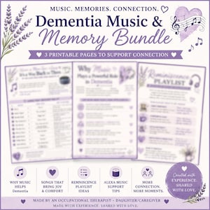 Könnte beinhalten: Ein Dementia Music & Memory Bundle mit drei druckbaren Seiten, verziert mit lavendelfarbenen Akzenten, Noten und Herzen. Der Text umfasst Music, Memories, Connection, Why Music Plays a Powerful Role in Dementia und Reminiscence Playlist.