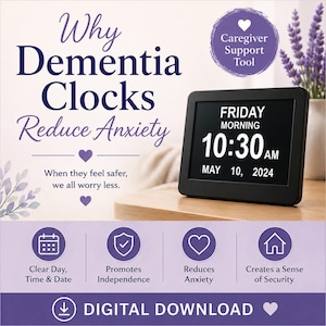 Op de afbeelding: Een zwarte digitale dementieklok met de weergave vrijdag, ochtend, 10:30 uur en 10 mei 2024. De afbeelding bevat de tekst: Why Dementia Clocks Reduce Anxiety, Caregiver Support Tool, When they feel safer, we all worry less, en Digital Download.