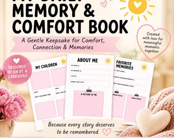 Op de afbeelding: Een My Daily Memory & Comfort Book printbaar PDF met pagina's getiteld My Children, About Me en Favorite Memories. Het ontwerp bevat roze kaders voor foto's, zwarte tekst, gele zon-iconen en hartjes op een witte achtergrond.