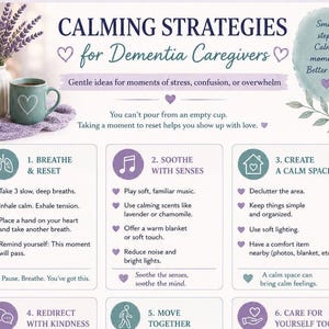 May include: An informational infographic titled Calming Strategies for Dementia Caregivers, featuring a lavender bouquet, a teal mug with a heart, and six numbered steps for stress management, including Breathe and Reset, Soothe with Senses, and Create a Calm Space.